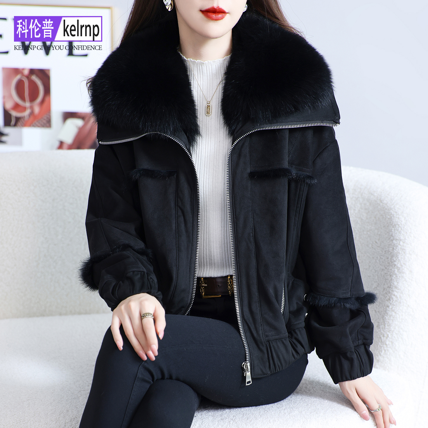 气质减龄狐狸毛领真皮毛一体大衣