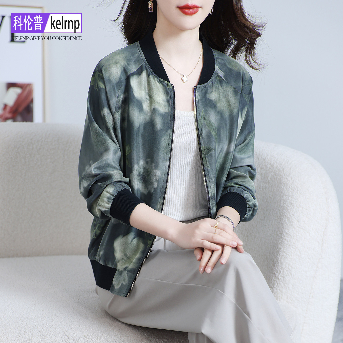 真丝短外套女2026春新韩版砂洗电力纺印花棒球服桑蚕丝绸夹克开衫