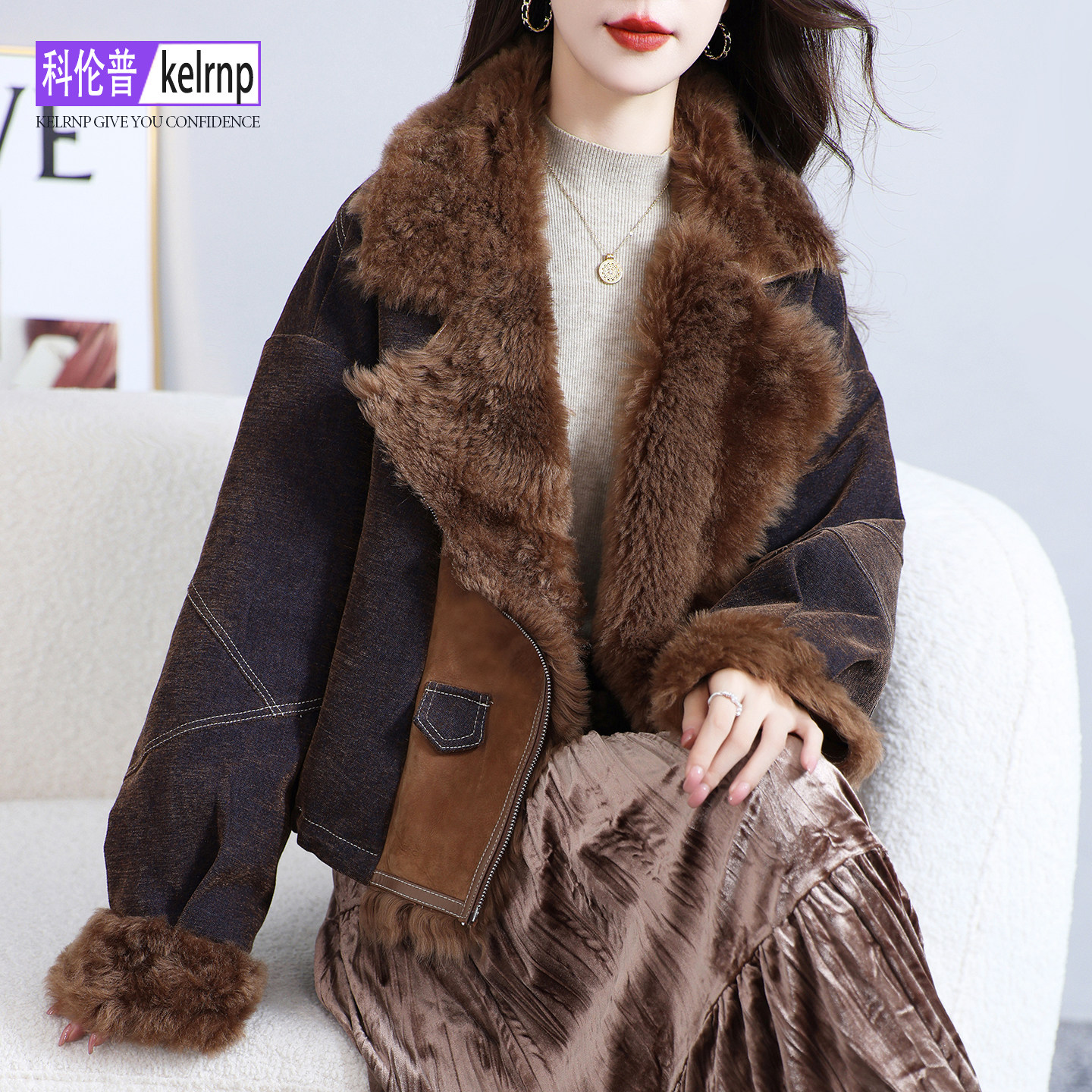 真皮毛一体外套女2024冬新宽松西装领托斯卡纳羊毛羊皮草鹅绒大衣