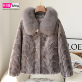 进口天鹅绒水貂毛大衣女2025新款 冬优雅高档狐狸毛领拼貂皮草外套