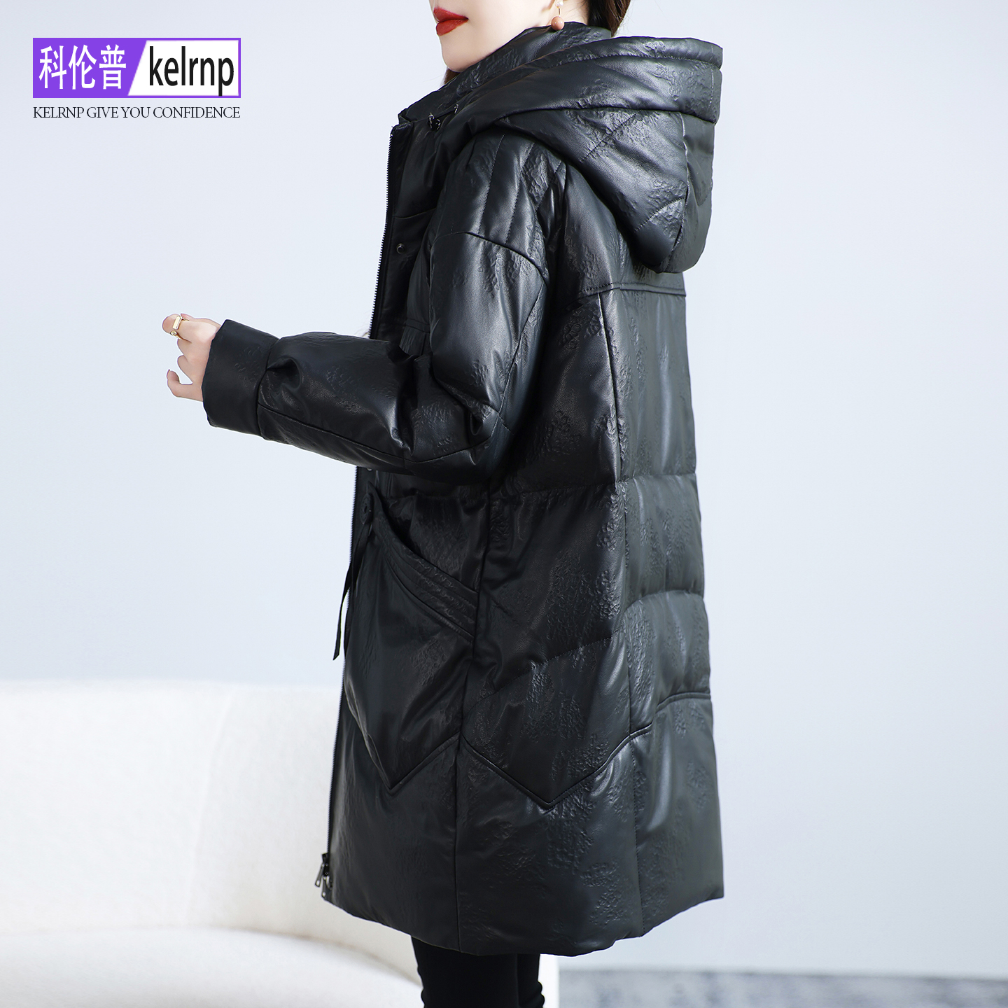 连帽海宁头层绵羊皮衣鹅绒外套