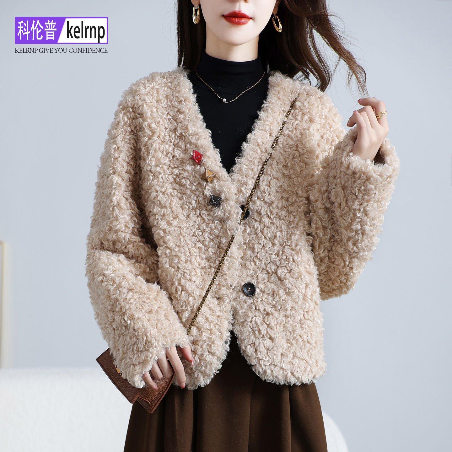 品牌原创仿羔羊毛毛颗粒皮草外套