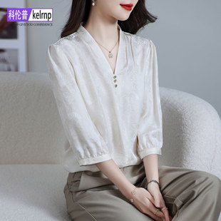 OL提花纯色100%桑蚕丝上衣 重磅真丝t恤女2025夏新款 大码 短袖 韩版