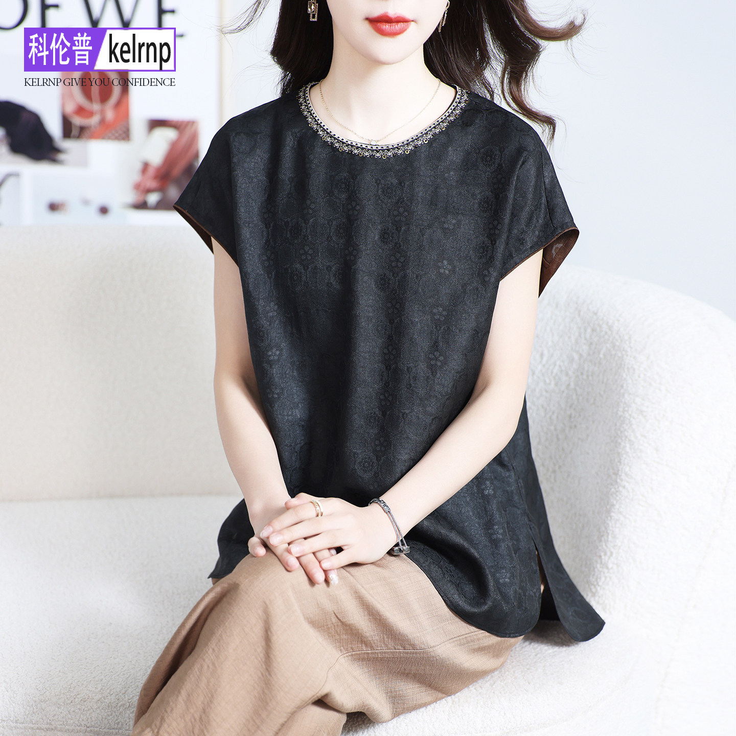 重磅真丝t恤女2026夏新短袖温柔风印花100%桑蚕丝香云纱花罗上衣