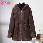 羊剪绒大衣女2025冬新中长款 连帽气质时尚 海宁羔羊毛颗粒皮草外套