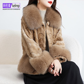 进口天鹅绒水貂毛大衣女2025冬奢华大码 狐狸毛领拼貂皮真皮草外套