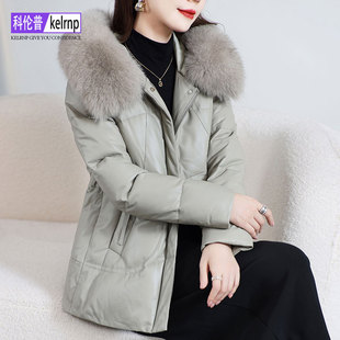 真皮羽绒服女中长款 优雅妈妈狐狸毛领海宁绵羊皮衣外套 2025冬新款