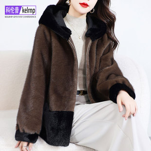 高档金貂绒大衣女2025冬正品韩版连帽撞色仿水貂毛毛环保皮草外套