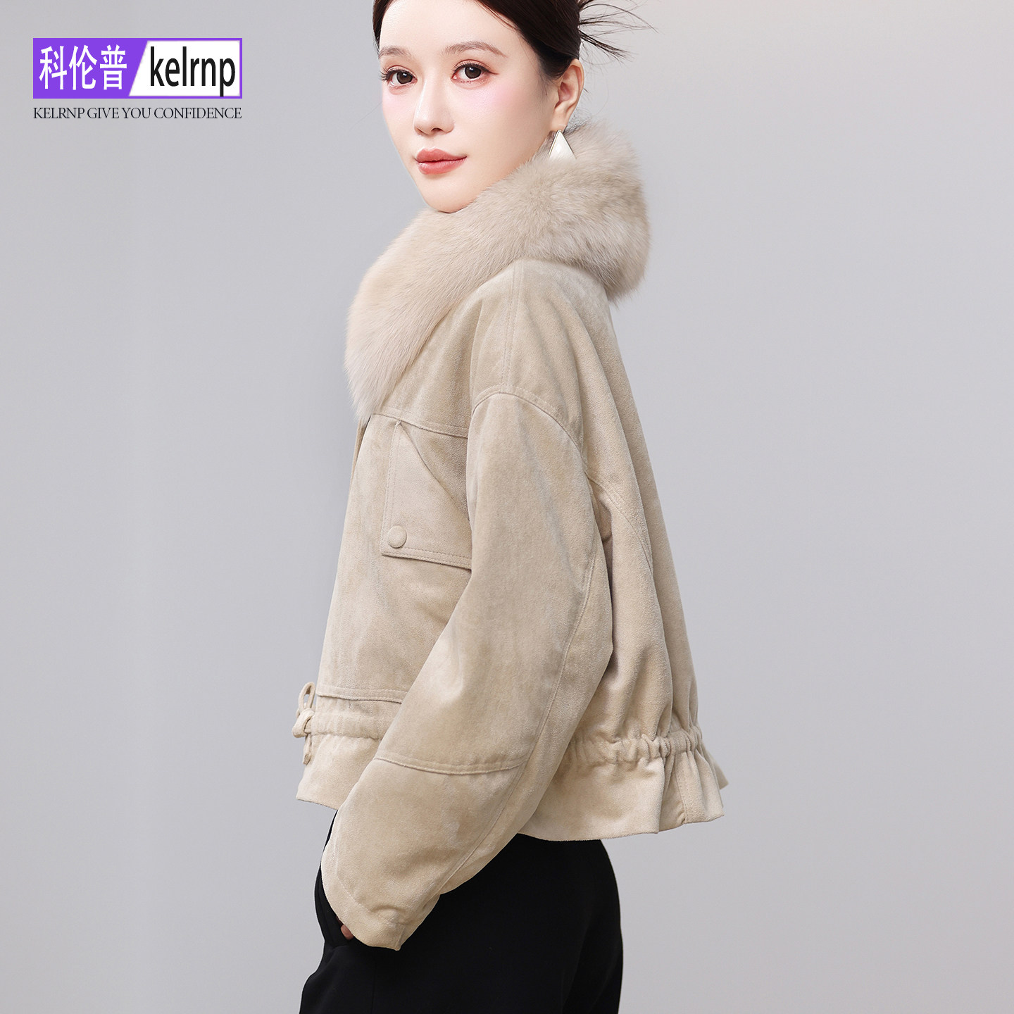 进口狐狸毛领真皮草大衣女2026冬新款时尚抽绳保暖鹅绒羽绒服外套