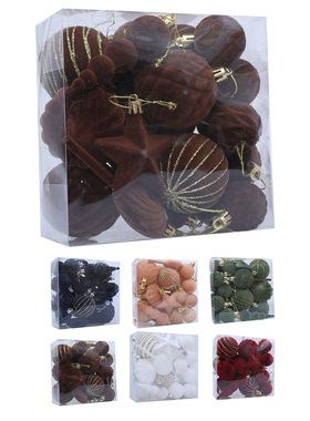 新款圣诞植绒24pcs六色套装圣诞彩绘圣诞树装饰挂球橱窗布置