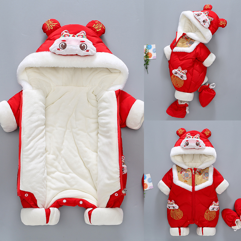 新生婴儿蛇年红色新年装连体衣宝宝过年拜年服小月龄喜庆衣服冬季
