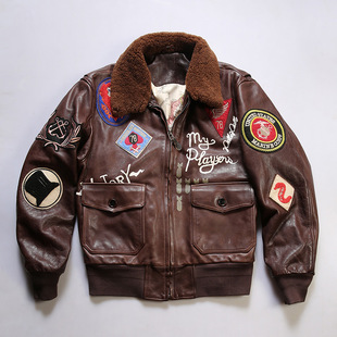 出口美国多标G1真皮飞行员夹克男可拆卸帽油蜡植鞣黄牛皮皮衣