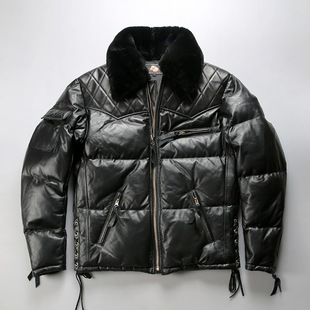 冬季男款机车拼接马皮绵羊皮羽绒服翻领休闲真皮羽绒服