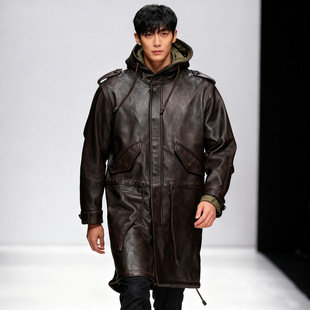 战地M51中长款 鱼尾真皮大衣 连帽绵羊皮风衣男宽松运动休闲工装