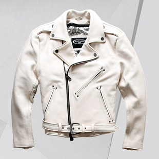 HARLEY ANGEL机车翻领斜拉链真皮夹克男厂家直供白色黄牛皮皮衣