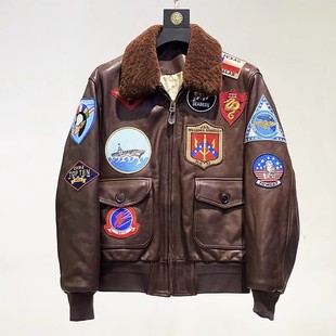 G1真皮飞行夹克壮志凌云TOP-FUN男多标油蜡植鞣黄牛皮皮衣外套