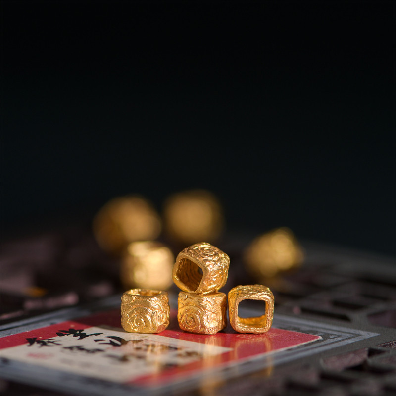 恋金 足金手工錾刻古法黄金 仿古纹方形隔珠项链手链配饰配件