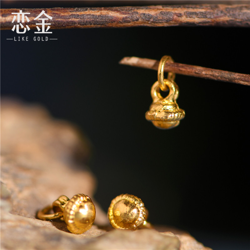 恋金 足金手工古法錾刻黄金 小滴溜挂件 手链吊坠素金diy配件图片