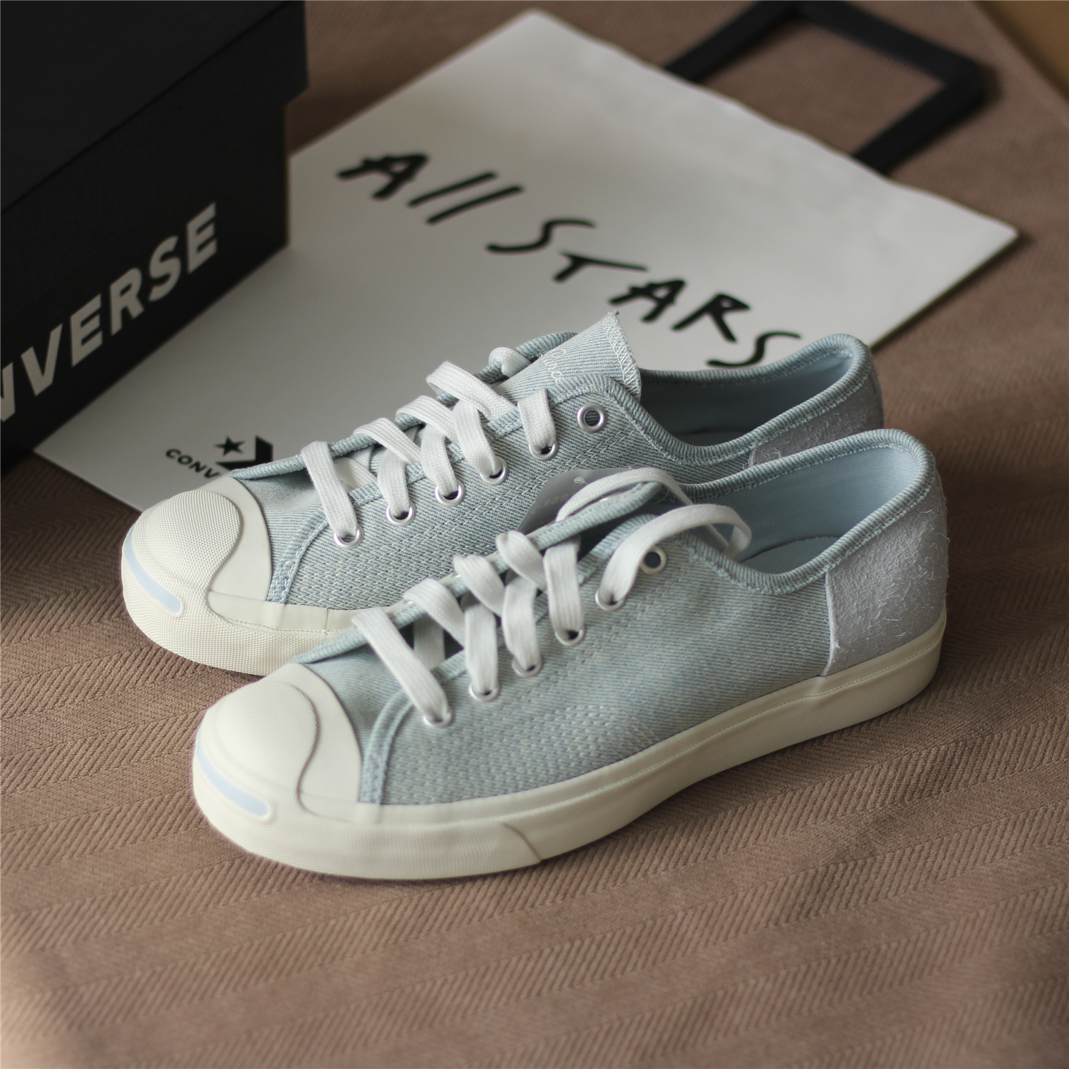 converse匡威 牛仔蓝帆布麂皮拼接开口笑男女同款低帮板鞋171947c