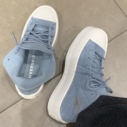 CONVERSE匡威ALLSTAR LIFT蓝色翻毛皮加绒厚底增高帆布鞋A06816c