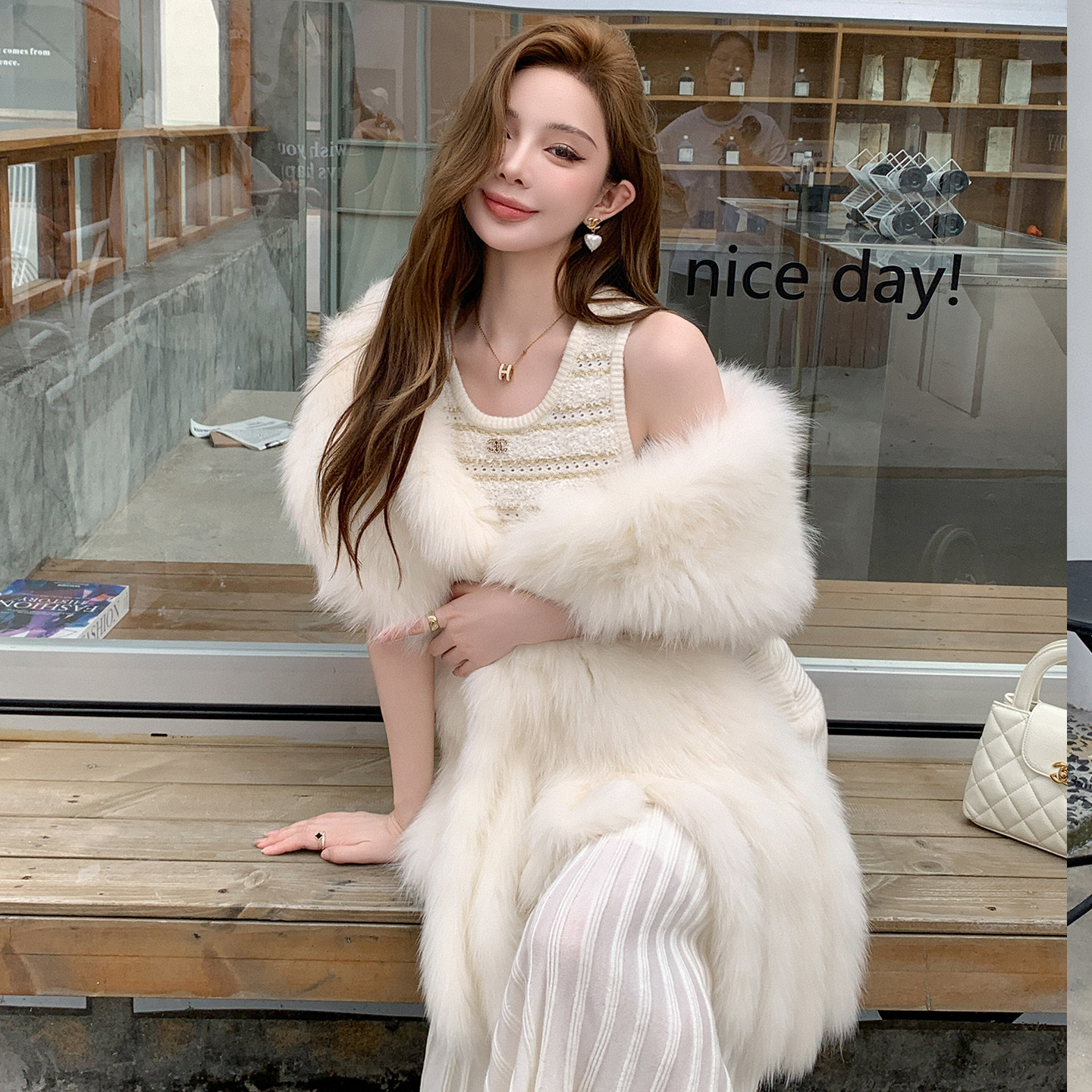 冬季狐狸毛双面编织流苏披肩气质唯美女士晚宴皮草披肩真毛大围巾