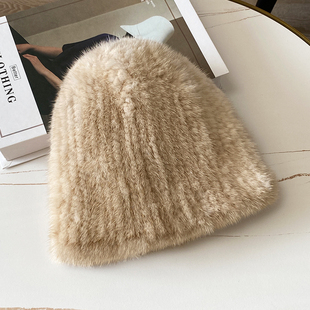 冬季保暖女士双面水貂毛编织皮草帽子文艺复古百搭弹力瓜皮小圆帽