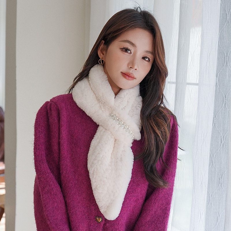 冬季新款小香风獭兔毛编织皮草围巾女士百搭气质钉珠真毛保暖围脖
