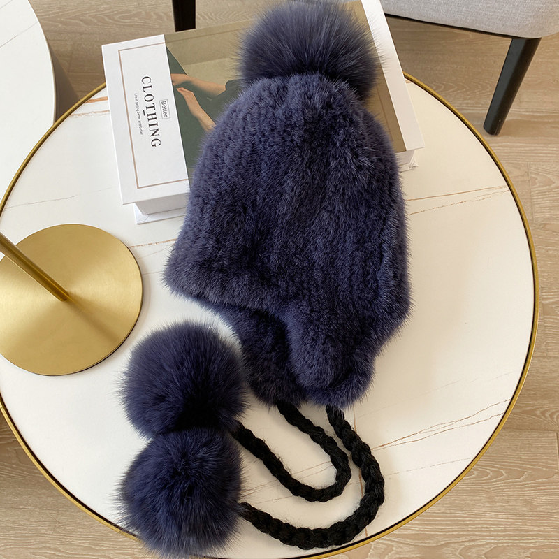 冬天保暖水貂帽子女配狐狸毛球球编织护耳貂毛帽 甜美可爱皮草帽