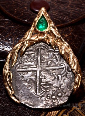 SOLD【收藏级PHILIP III】阿托查4Reale沉船古董银币绿宝石金吊坠