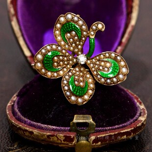 SOLD西洋古董首饰 Art Nouveau14k金珍珠钻石珐琅四叶草胸针吊坠