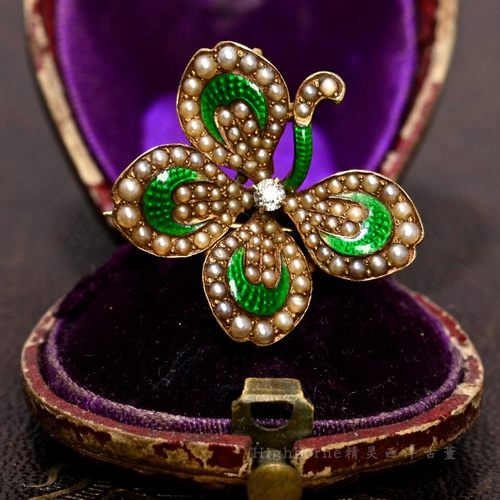 西洋古董珠宝钻石珐琅四叶草吊坠