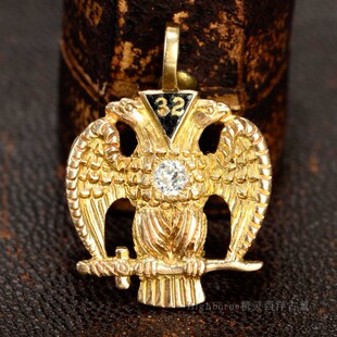 SOLD Deco C.1920S 神秘组织一共济会古董金32学位双头鹰吊坠 Art