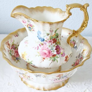 SOLD 1950年VTG英国Hammersley哈姆斯利精美浓厚镀金花卉奶罐大碗