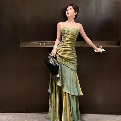 人鱼姬荷叶边高端吊带连衣裙女夏成人礼宴会礼服长裙显瘦轻奢高端