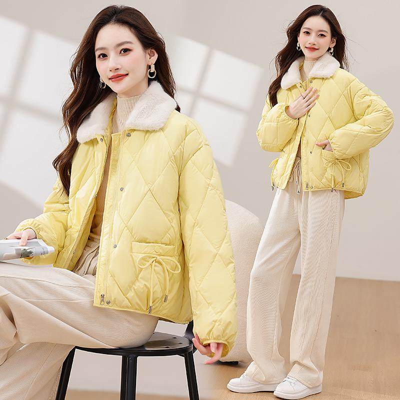 羽绒棉服2025新款小个子蝴蝶结拼接毛领新中式菱格面包服棉衣外套