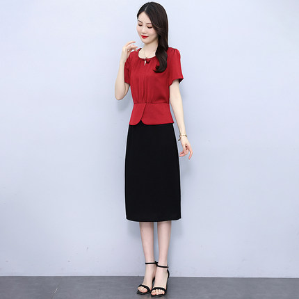 时尚假两件拼接短袖连衣裙夏季新款OL职业气质减龄A字裙婚宴礼服