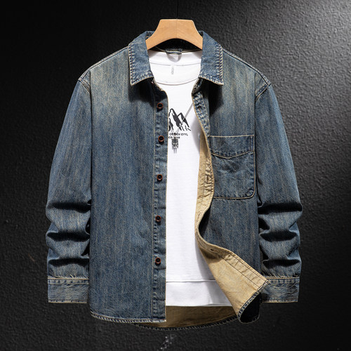 欧美高奢宽松牛仔衬衫男2025新款复古水洗蓝色衬衣潮牌大码外套