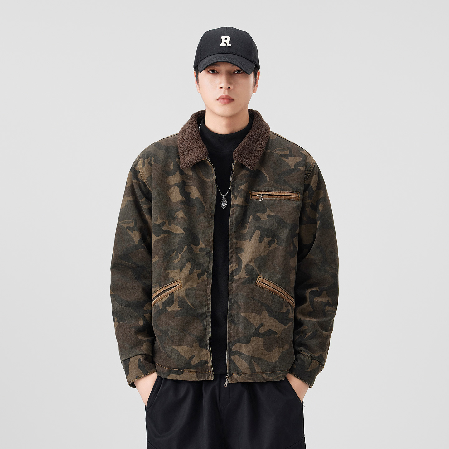 美式复古迷彩全棉冬季外套男户外加绒加厚印花夹克宽松保暖工作服