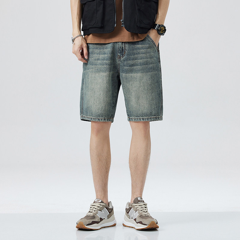复古牛仔短裤男夏季薄款烟灰色直筒中裤2025新款潮流大码五分裤子