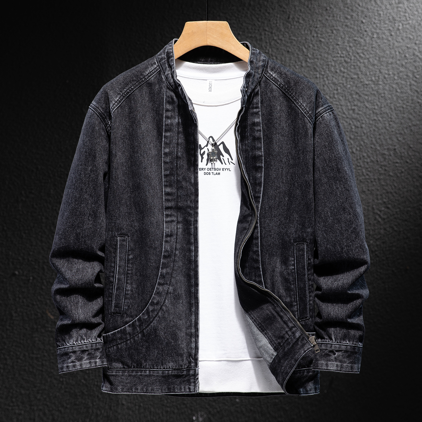 高品质无领宽松拉链牛仔外套男