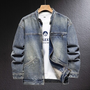 高端美式复古无领牛仔外套男宽松潮牌拉链立领夹克加宽加肥大码衣