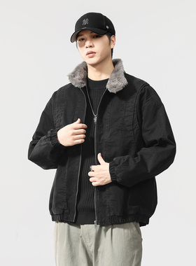 高端立领牛仔外套男拉链款宽松夹克复古潮牌机车外衣有型加绒茄克