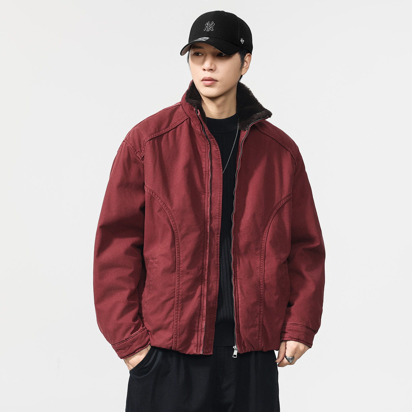 立领红色加绒加厚全棉牛仔外套男