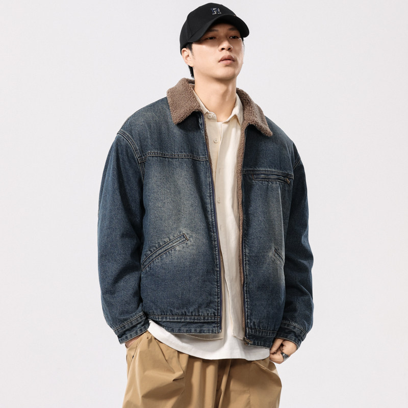 美式复古拉链牛仔外套男冬季羊羔绒宽松加绒夹克潮牌大码保暖棉服,男装,夹克,淘宝优惠券,粉丝福利购,淘宝优惠卷