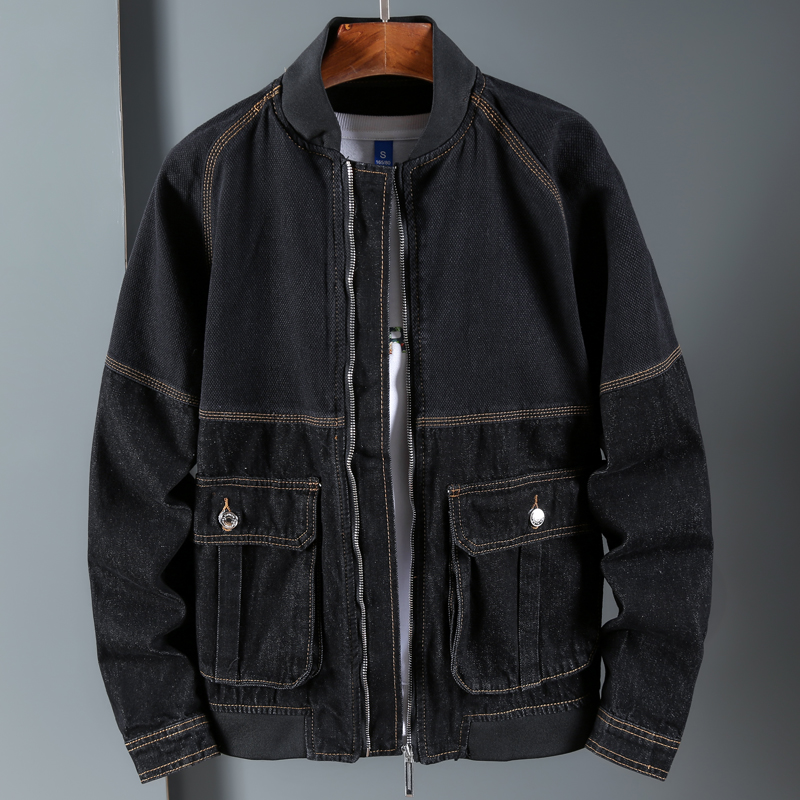 可拆内胆的无领拼色牛仔外套男