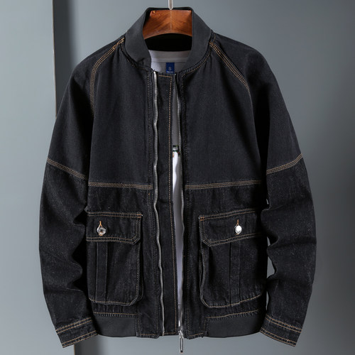 可拆内胆的无领拼色牛仔外套男