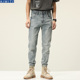 男春秋修身 直筒长裤 子美式 高端浅色牛仔裤 复古弹力简约破洞锥形裤