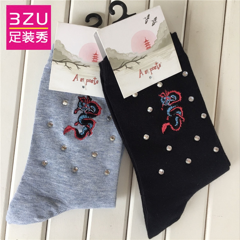 3ZU足装秀正品 A si poste春秋新款全棉提花刺绣长邦女袜A37W5305