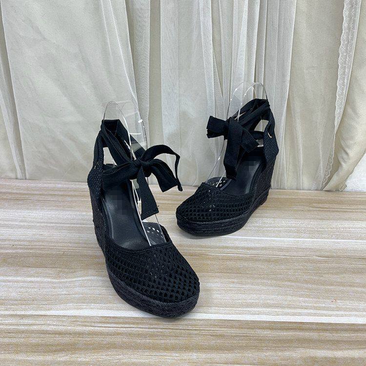 Lady Shoes外贸原单女鞋新款圆头纯色厚底坡跟蝴蝶结系带渔夫鞋