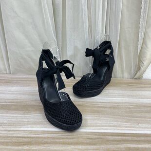 Lady Shoes外贸原单女鞋新款圆头纯色厚底坡跟蝴蝶结系带渔夫鞋